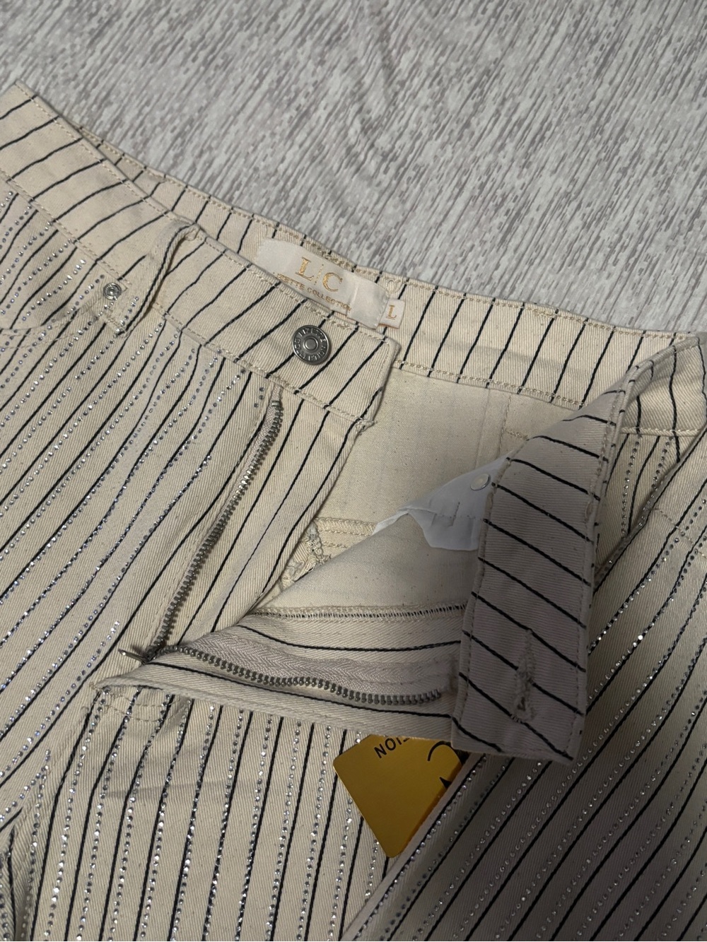 High-Rise Cream Pinstripe Wide-Leg Pants with Metallic Trim